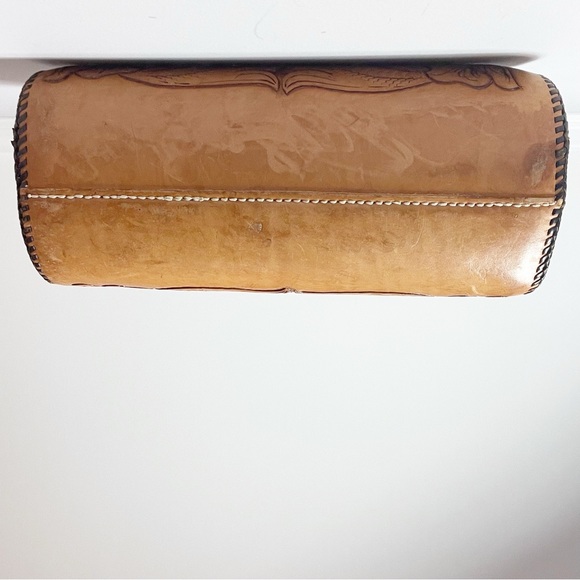 Vintage Brown Tooled Leather Purse Rhinestones Metal Clasp - Picture 10 of 16